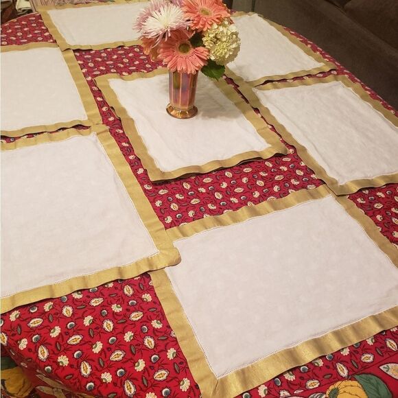 7 antique white linen placemats festive gold trim - Picture 1 of 10